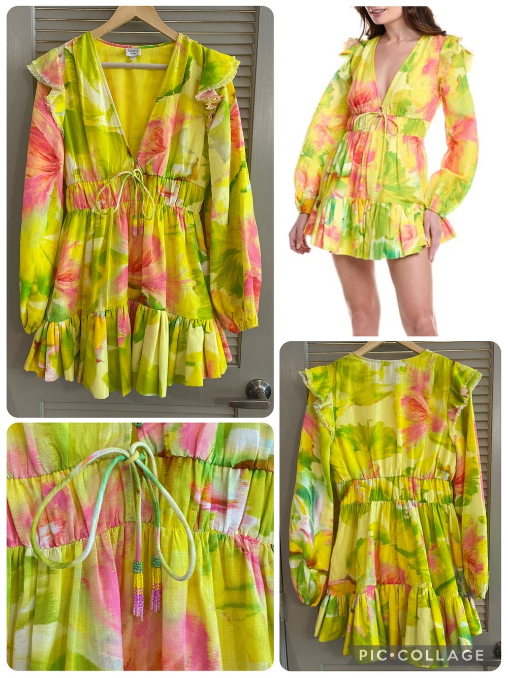 HEMANT & NANDITA Neon Yellow Floral Ruffle Mini Dress
